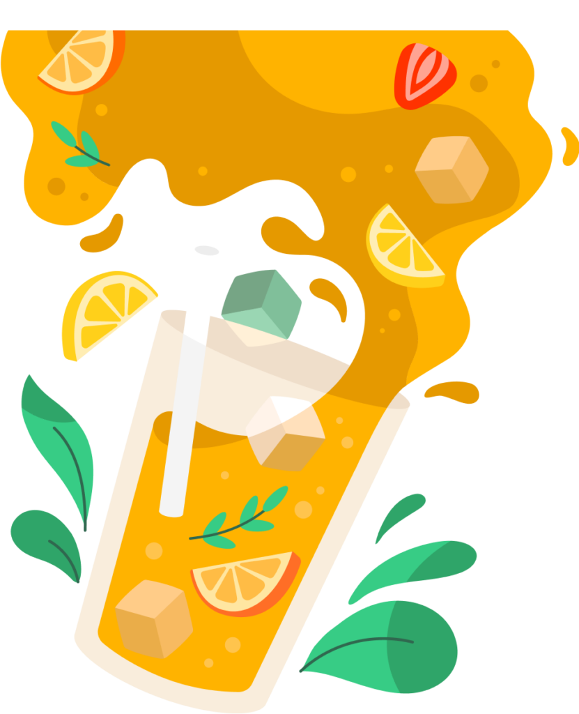 Illustration of a glass sloshing yellow liquid along with lemon and orange slices, a strawberry and ice cubes. There is a white straw in the glass